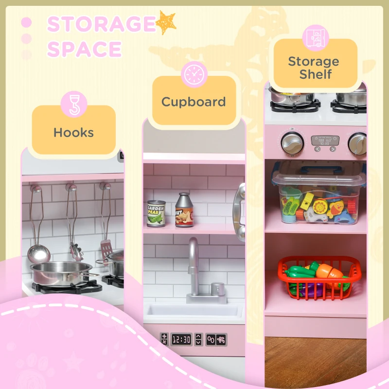 Qaba Pretend Play Kitchen, Kids Kitchen Playset with Play Phone, Chalkboard, Towel Rack & Ice Maker for 3-8 Years Pink