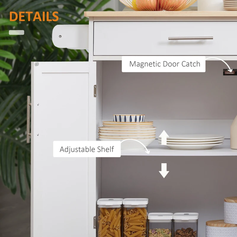 HOMCOM Kitchen Trolley Mobile Kitchen Island on Wheels Serving Cart Wooden Storage w/ Drawer and Towel Bar White
