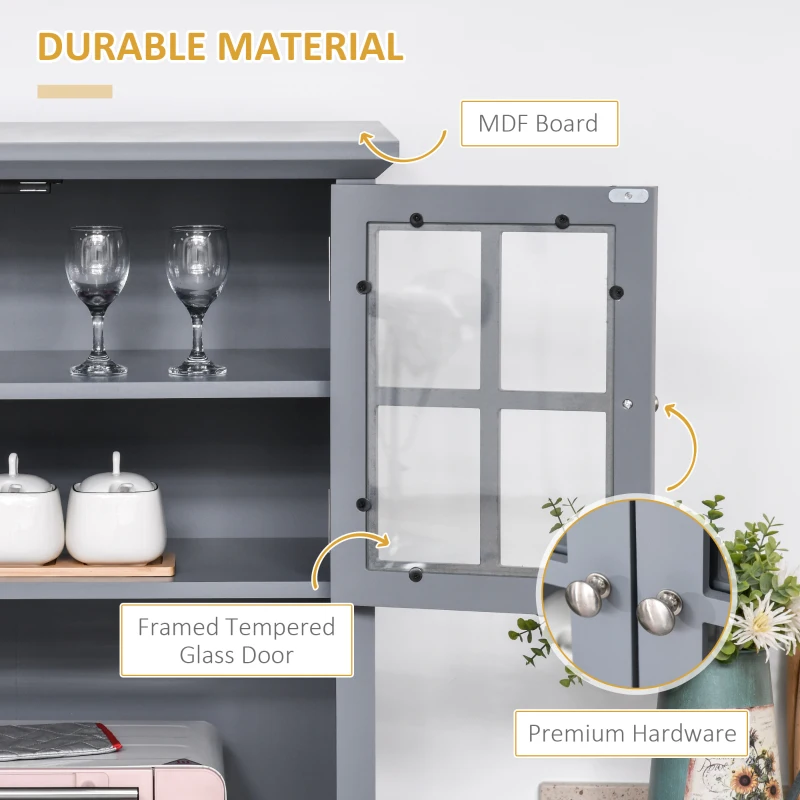 HOMCOM Elegant Buffet with Hutch, Kitchen Pantry Storage Cabinet with Framed Glass Door Drawer and Microwave Space, Gray