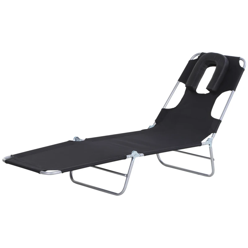 Outsunny Outdoor Lounge Chair, Adjustable Folding Chaise Lounge with Face Cavity, Tanning Chair Sun Lounger Bed Recliner, Black