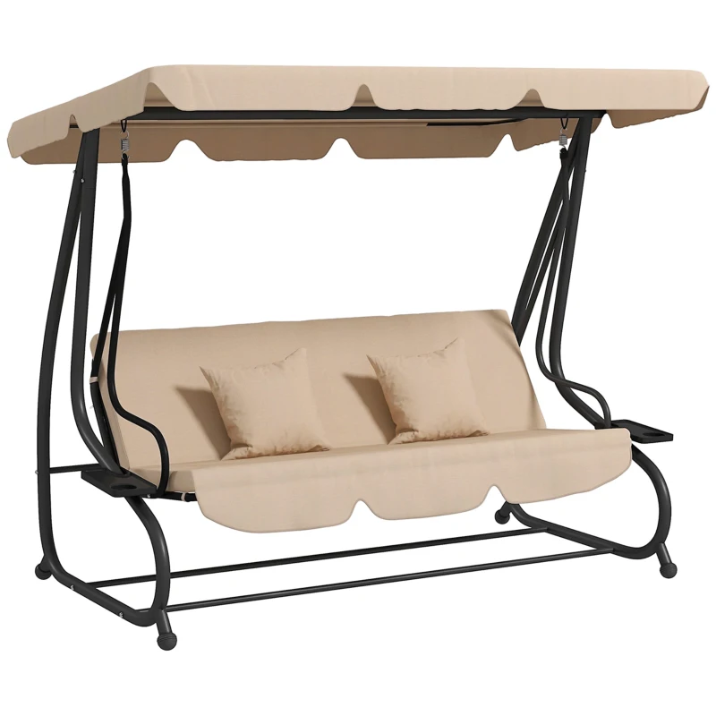 Outsunny Free Standing Swing Bench, Porch Swing with Stand, Adjustable Canopy, Cushion and Pillows, Ecru