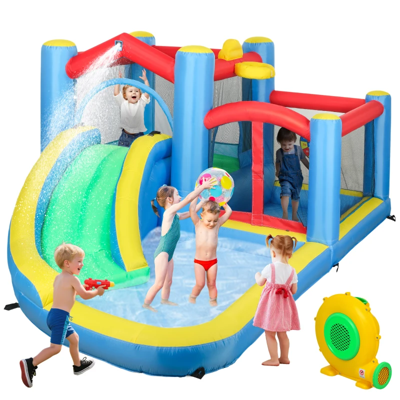 Qaba Bouncy Castle for Kids with 550W Blower, Water Slide, 2 Splash Pools, Basketball Hoop, Dart Board,12.6' x 9.5' x 5.9'