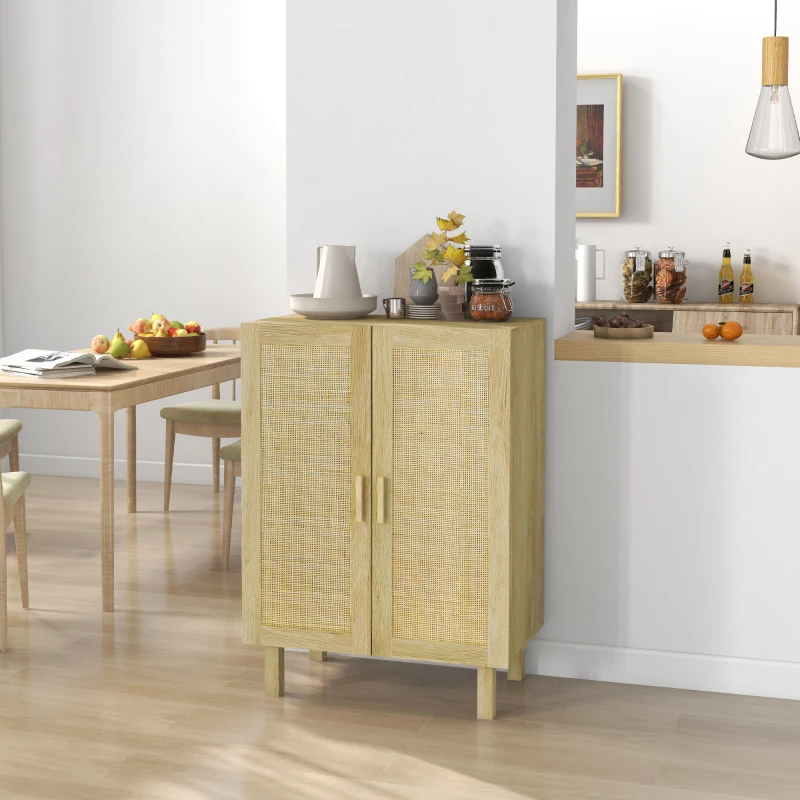 HOMCOM Boho Kitchen Cabinet, Buffet Cabinet with 2 Rattan Doors and Adjustable Shelves for Dining Room, Natural