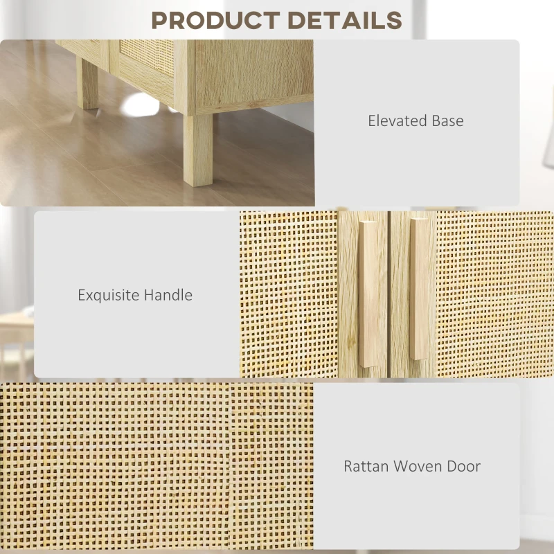 HOMCOM Boho Kitchen Cabinet, Buffet Cabinet with 2 Rattan Doors and Adjustable Shelves for Dining Room, Natural