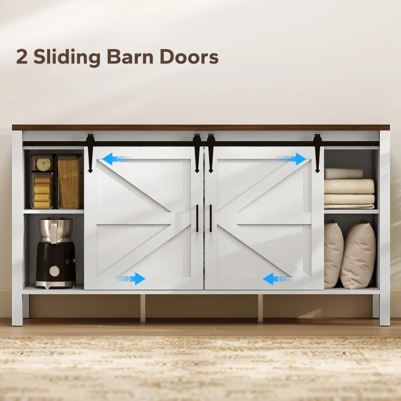 HOMCOM 59" Buffet Cabinet, Farmhouse Sideboard with Thick Top, 2 Barn Doors, 4 Drawers and 2 Adjustable Shelves, White