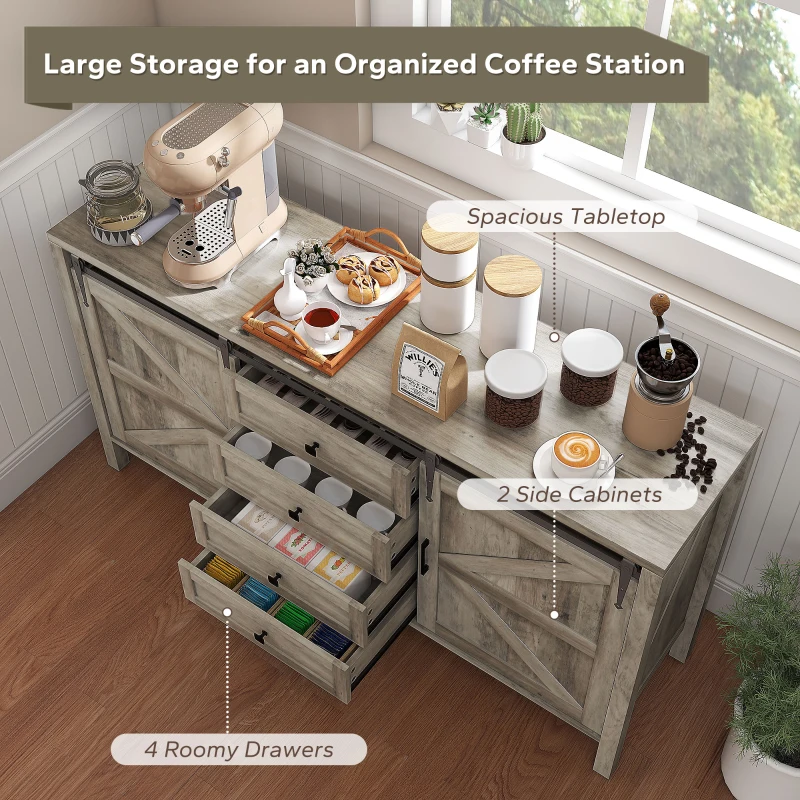 HOMCOM 59" Buffet Cabinet, Farmhouse Sideboard with Thick Top, 2 Barn Doors, 4 Drawers and 2 Adjustable Shelves, Gray Wash