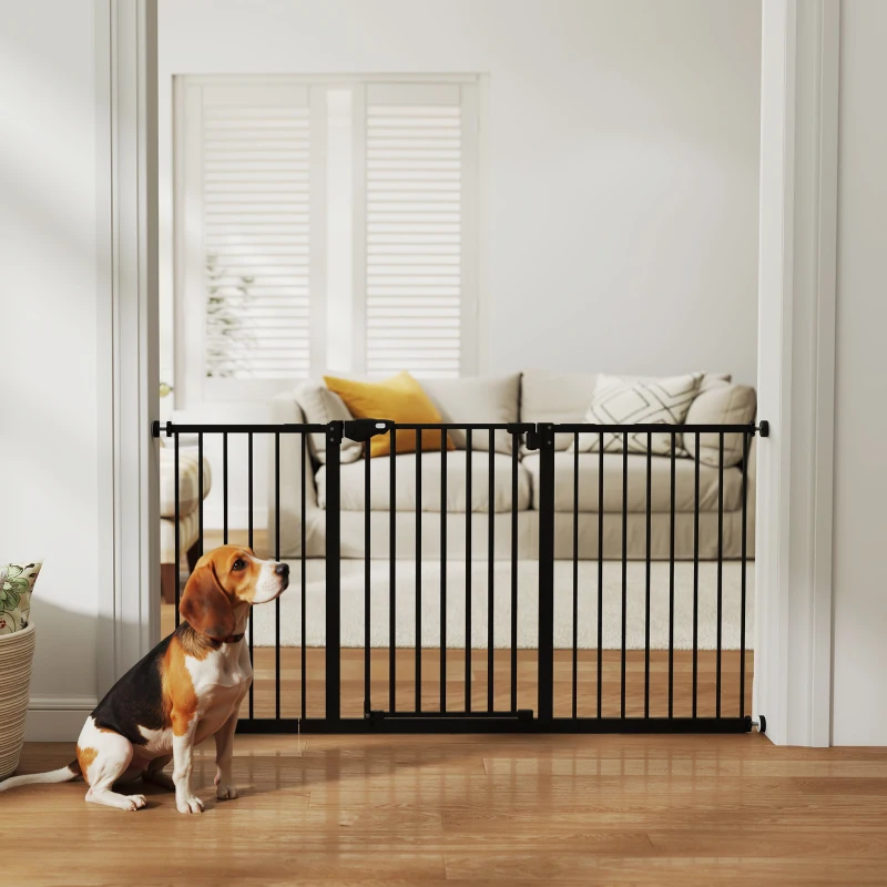 PawHut 29"-58" Wide Pet Gate with Door Dog Gate and Barrier Indoor for Stairs Includes 7", 8", 12" Extensions Kit, 30 Inch Tall Pressure-Mounted Safety Gate, Black