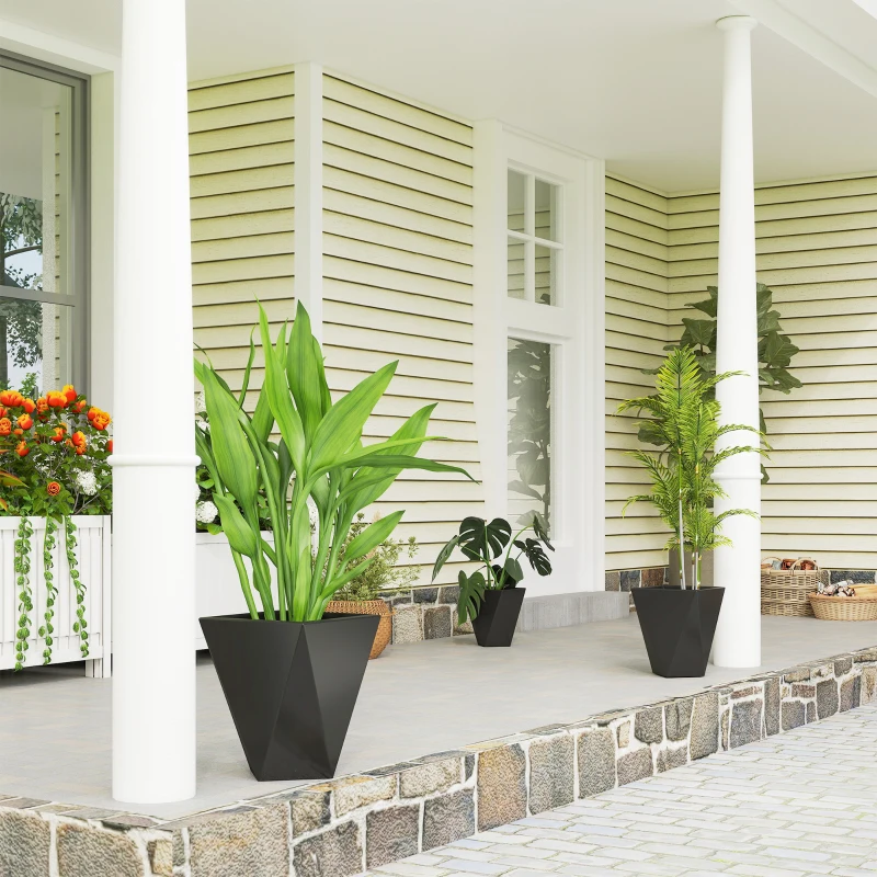 Outsunny Indoor Outdoor Planters Set of 3 MgO Tall Planters Stackable Flower Pots with Drainage Holes for Garden, Balcony, Black