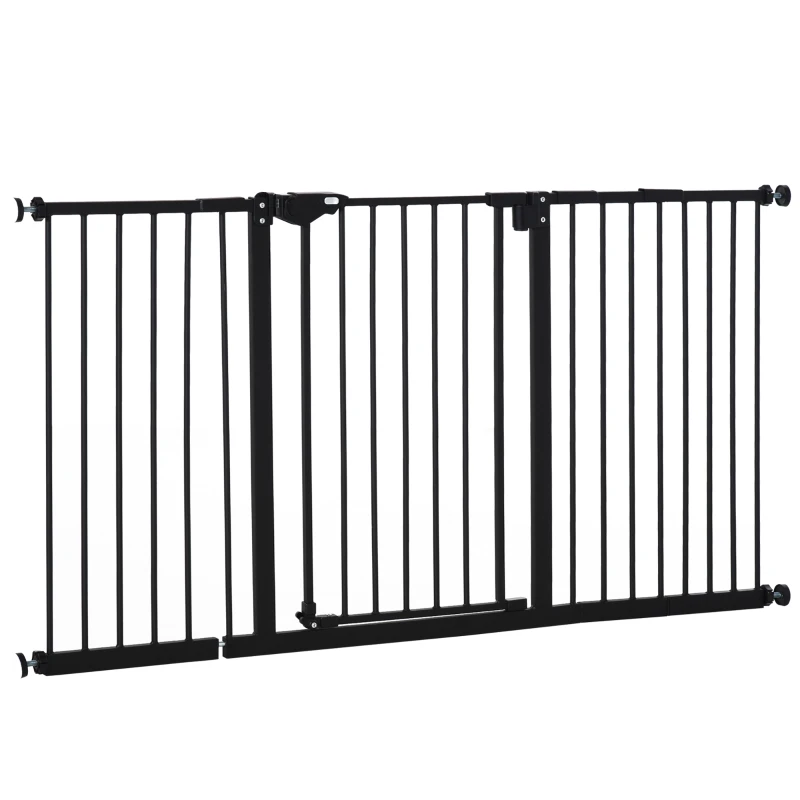 PawHut 29"-58" Wide Pet Gate with Door Dog Gate and Barrier Indoor for Stairs Includes 7", 8", 12" Extensions Kit, 30 Inch Tall Pressure-Mounted Safety Gate, Black