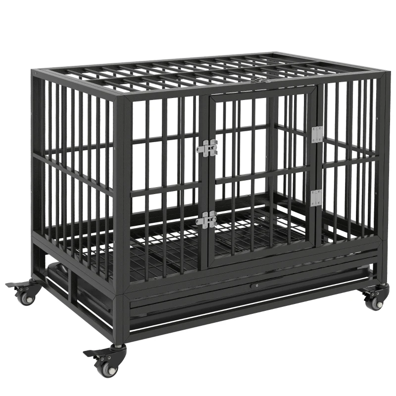 PawHut 36" Heavy Duty Steel Dog Crate Kennel Pet Cage with Wheels for Convenient Access Anti-Pinching Floor, Grey