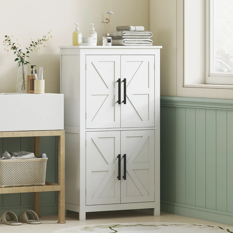 HOMCOM Bathroom Floor Storage Cabinet, Farmhouse Bathroom Cabinet with 4 Doors and Adjustable Shelf, White