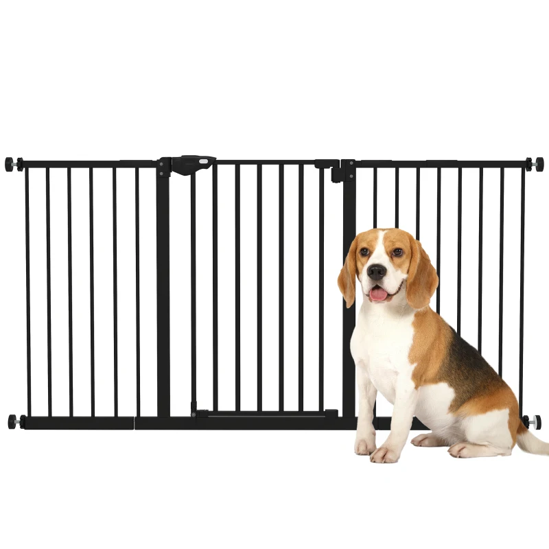 PawHut 29"-58" Wide Pet Gate with Door Dog Gate and Barrier Indoor for Stairs Includes 7", 8", 12" Extensions Kit, 30 Inch Tall Pressure-Mounted Safety Gate, Black