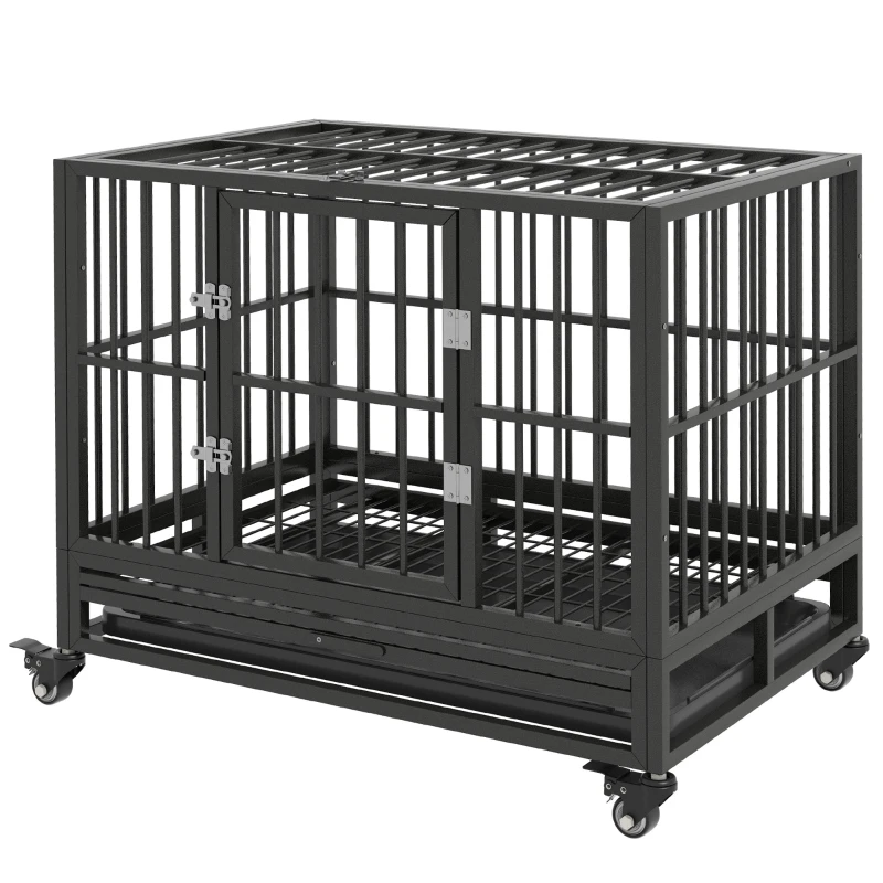 PawHut 36" Heavy Duty Steel Dog Crate Kennel Pet Cage with Wheels for Convenient Access Anti-Pinching Floor, Grey