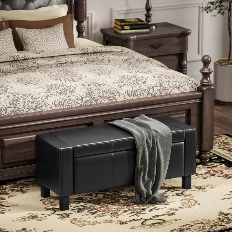HOMCOM 42" Deluxe Faux Leather Padded Storage Ottoman Bench Foot Stool Seat Chair with Organizer, Black