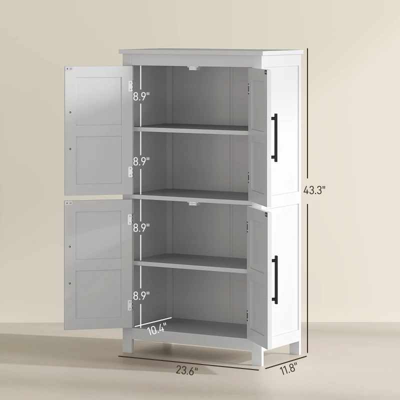 HOMCOM Bathroom Floor Storage Cabinet, Farmhouse Bathroom Cabinet with 4 Doors and Adjustable Shelf, White