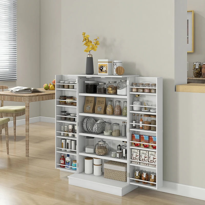 HOMCOM Freestanding Kitchen Pantry Cabinet, Kitchen Sideboard Cabinet with 12 Door Shelves, Double Doors, 5-tier Shelving, Paper White