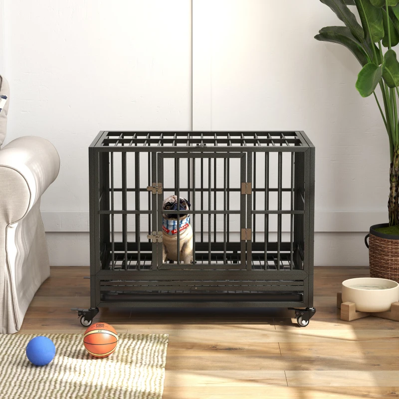 PawHut 36" Heavy Duty Steel Dog Crate Kennel Pet Cage with Wheels for Convenient Access Anti-Pinching Floor, Grey