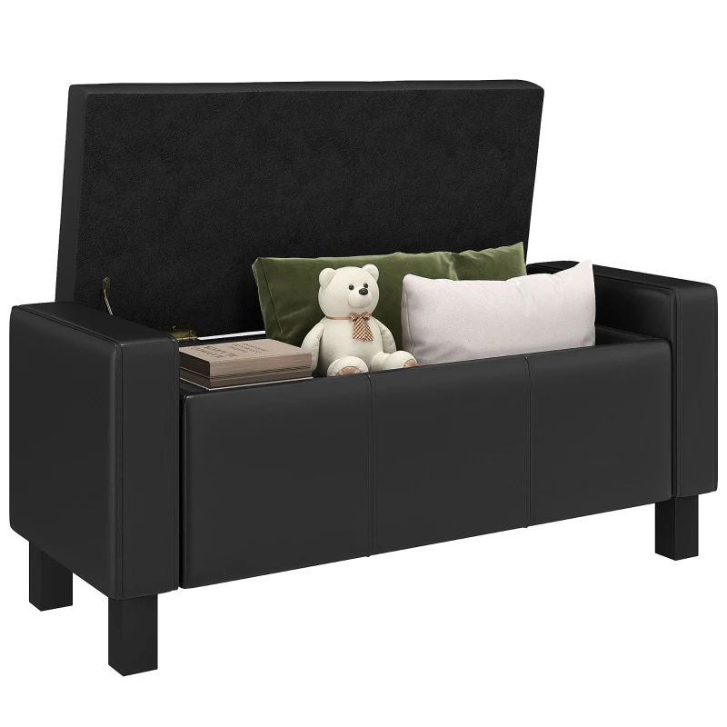HOMCOM 42" Deluxe Faux Leather Padded Storage Ottoman Bench Foot Stool Seat Chair with Organizer, Black