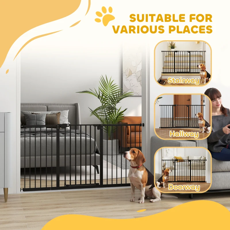 PawHut 29"-58" Wide Pet Gate with Door Dog Gate and Barrier Indoor for Stairs Includes 7", 8", 12" Extensions Kit, 30 Inch Tall Pressure-Mounted Safety Gate, Black