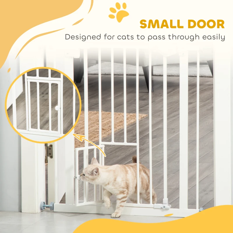 PawHut Pet Gate Extra Wide Press-Mounted with Cat Door, Auto Closing Pet Gate for Stair, Hallway, 29-32 Inch, White