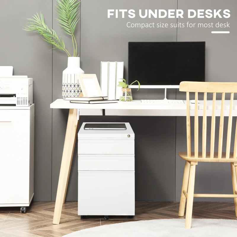 Vinsetto 3 Drawer Filing Cabinet, Lockable Office Storage Cabinet on Wheels for Legal, Letter, A4 Files, White