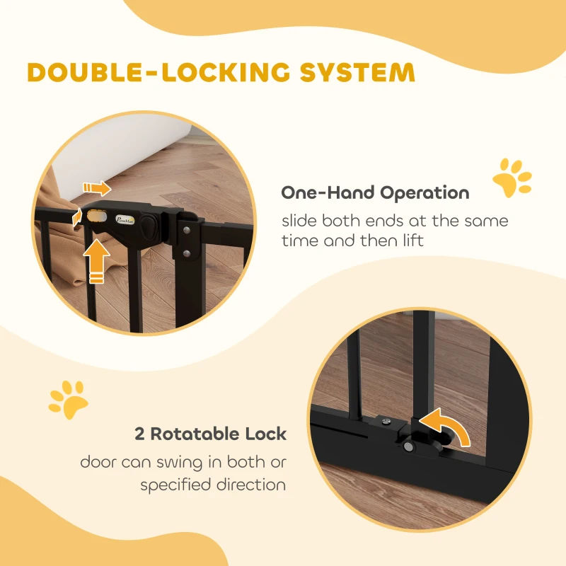 PawHut 29"-58" Wide Pet Gate with Door Dog Gate and Barrier Indoor for Stairs Includes 7", 8", 12" Extensions Kit, 30 Inch Tall Pressure-Mounted Safety Gate, Black