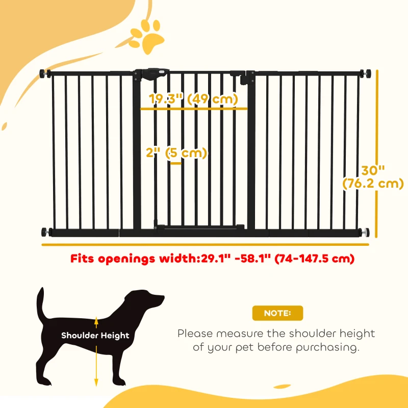 PawHut 29"-58" Wide Pet Gate with Door Dog Gate and Barrier Indoor for Stairs Includes 7", 8", 12" Extensions Kit, 30 Inch Tall Pressure-Mounted Safety Gate, Black
