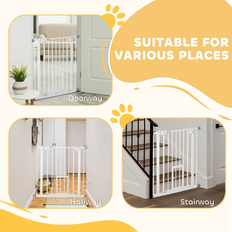 PawHut Pet Gate Extra Wide Press-Mounted with Cat Door, Auto Closing Pet Gate for Stair, Hallway, 29-32 Inch, White