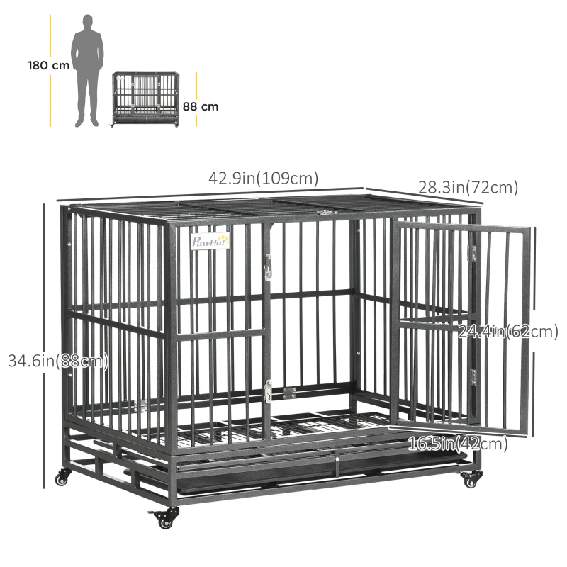 PawHut 36" Heavy Duty Steel Dog Crate Kennel Pet Cage with Wheels for Convenient Access Anti-Pinching Floor, Grey