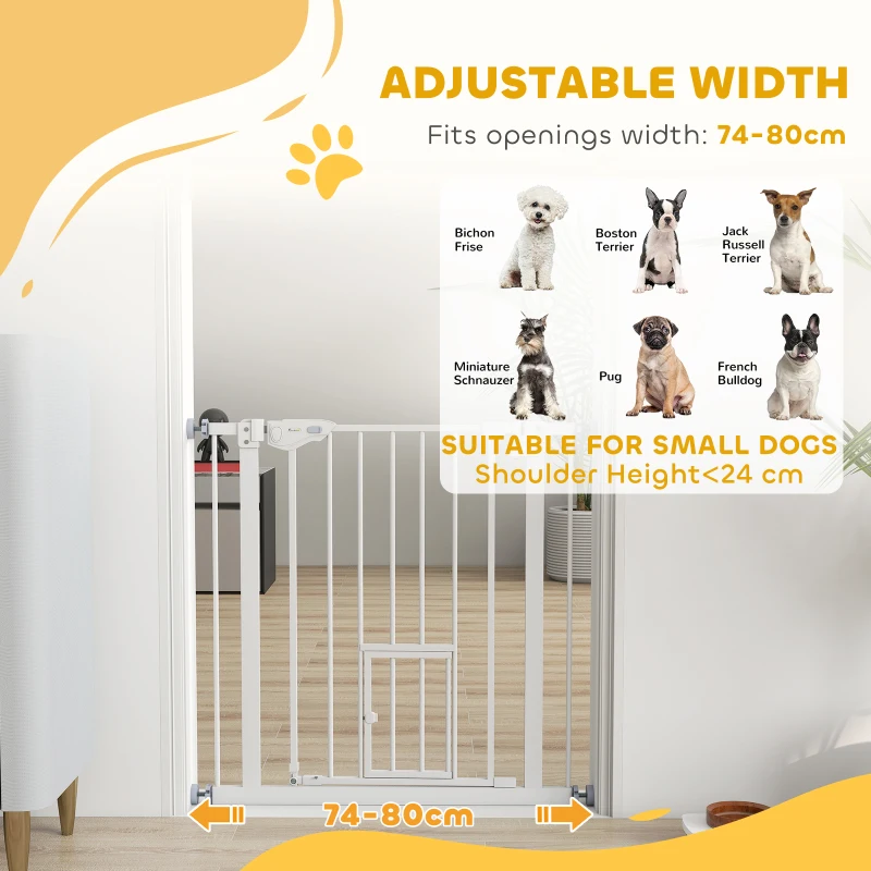 PawHut Pet Gate Extra Wide Press-Mounted with Cat Door, Auto Closing Pet Gate for Stair, Hallway, 29-32 Inch, White