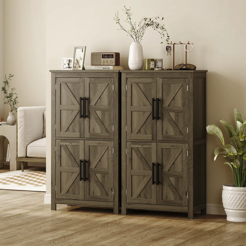 HOMCOM Bathroom Floor Storage Cabinet, Farmhouse Bathroom Cabinet with 4 Doors and Adjustable Shelf, Brown