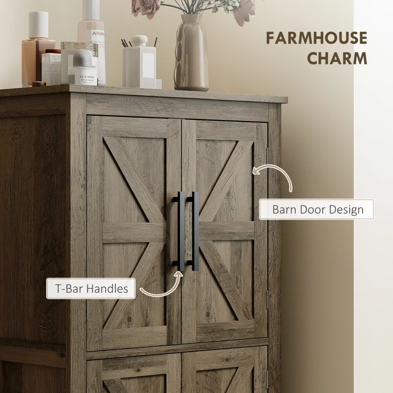 HOMCOM Bathroom Floor Storage Cabinet, Farmhouse Bathroom Cabinet with 4 Doors and Adjustable Shelf, Brown