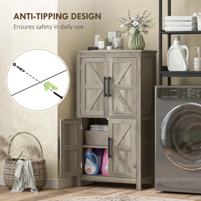 HOMCOM Bathroom Floor Storage Cabinet, Farmhouse Bathroom Cabinet with 4 Doors and Adjustable Shelf, Light Gray