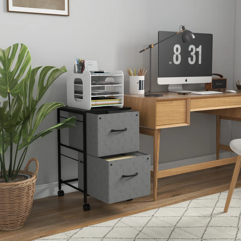 Vinsetto Vertical Filing Cabinet, Mobile File Cabinet with 2 Non-woven Fabric Drawers, Hanging Bars for Letter Size, Industrial Printer Stand for Home Office, Dark Grey