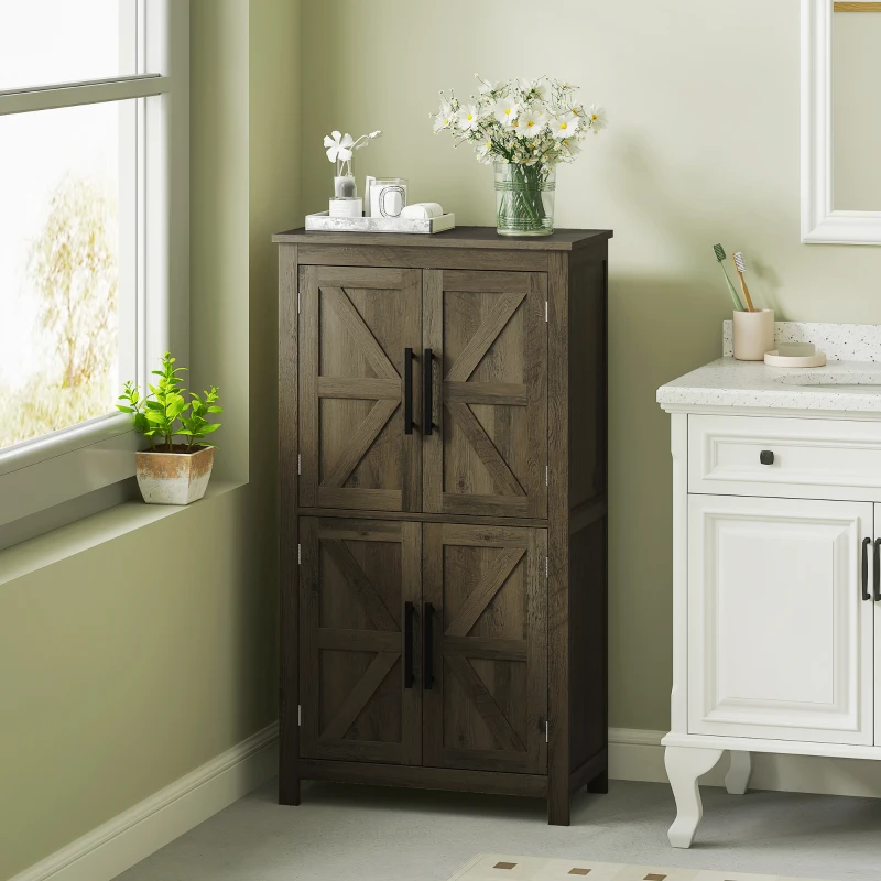 HOMCOM Bathroom Floor Storage Cabinet, Farmhouse Bathroom Cabinet with 4 Doors and Adjustable Shelf, Brown