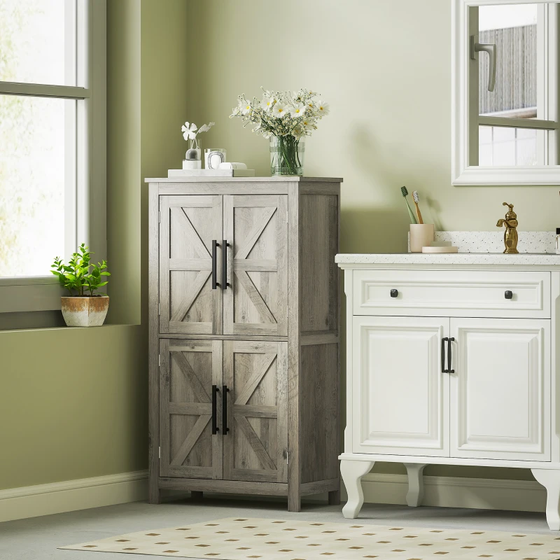HOMCOM Bathroom Floor Storage Cabinet, Farmhouse Bathroom Cabinet with 4 Doors and Adjustable Shelf, Light Gray