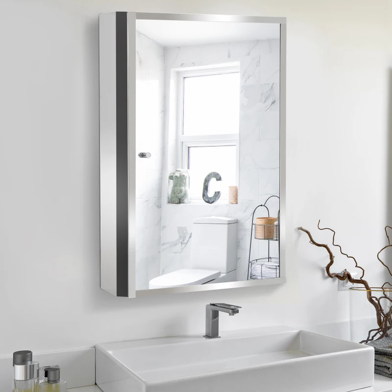 HOMCOM Bathroom Mirrored Cabinet, Vertical 16" x 24" Stainless Steel Frame Medicine Cabinet, Wall-Mounted Storage Organizer with Single Door