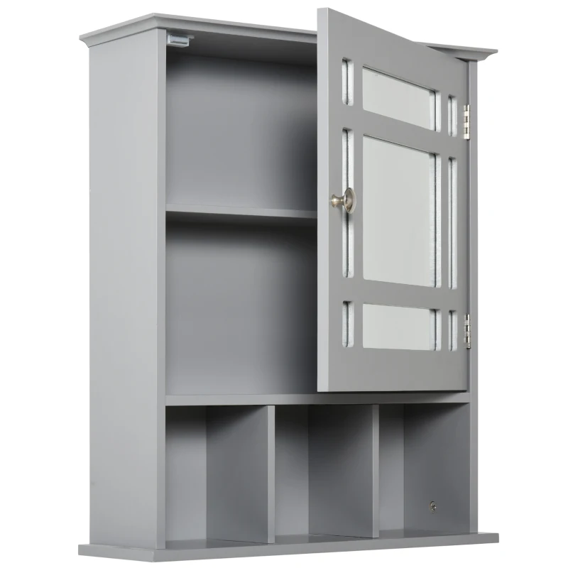 kleankin Bathroom Medicine Cabinet with Mirror, Wall Mounted Mirror Cabinet with Door and Storage Shelves, Gray