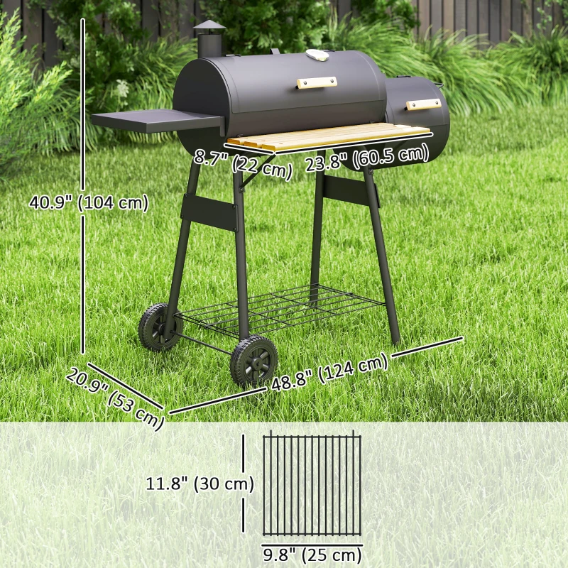 Outsunny 49" Charcoal BBQ Grill with Offset Smoker Portable Backyard Cooking Smoker Outdoor Camp Picnic Barbecue Cooker with Thermometer Wheels and Storage Shelves