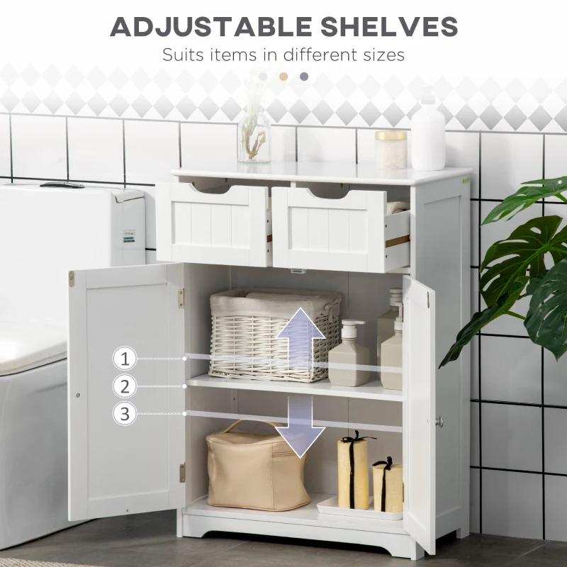 kleankin Freestanding Bathroom Storage Cabinet, Floor Cabinet with 2 Drawers, Adjustable Shelf, for Bathroom, Living Room or Entryway, White