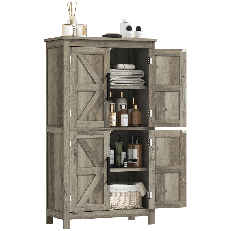 HOMCOM Bathroom Floor Storage Cabinet, Farmhouse Bathroom Cabinet with 4 Doors and Adjustable Shelf, Light Gray