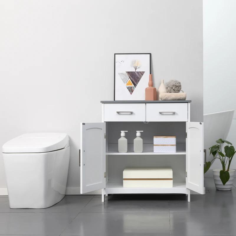 kleankin Bathroom Floor Cabinet, Freestanding Linen Cabinet, Storage Cabinet with 2 Drawers, Double Doors, Adjustable Shelf, White