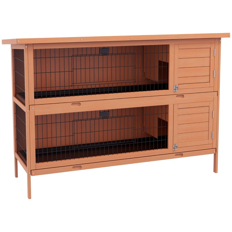 PawHut 54"L 2-Story Large Rabbit Hutch Bunny Cage Wooden Pet House Small Animal Habitat with Lockable Doors, No Leak Tray and Waterproof Roof for Outdoor/Indoor Orange