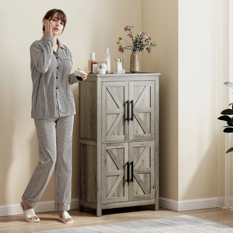 HOMCOM Bathroom Floor Storage Cabinet, Farmhouse Bathroom Cabinet with 4 Doors and Adjustable Shelf, Light Gray