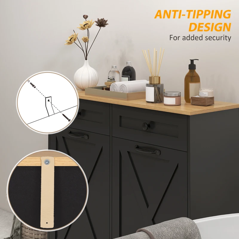 HOMCOM Tilt Out Laundry Hamper Cabinet, Bathroom Storage Cabinet with 2 Removable Baskets and 2 Drawers, Black