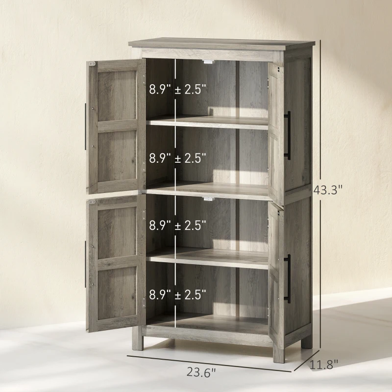 HOMCOM Bathroom Floor Storage Cabinet, Farmhouse Bathroom Cabinet with 4 Doors and Adjustable Shelf, Light Gray