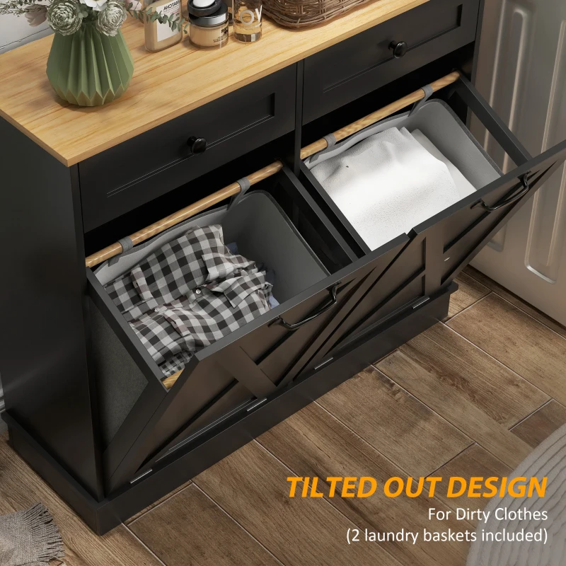 HOMCOM Tilt Out Laundry Hamper Cabinet, Bathroom Storage Cabinet with 2 Removable Baskets and 2 Drawers, Black
