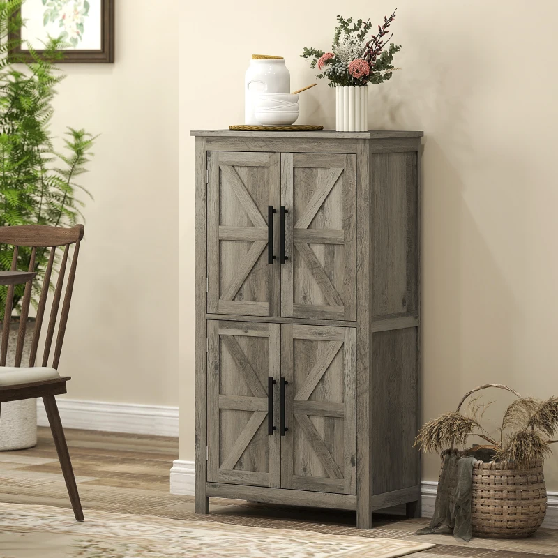 HOMCOM Bathroom Floor Storage Cabinet, Farmhouse Bathroom Cabinet with 4 Doors and Adjustable Shelf, Light Gray