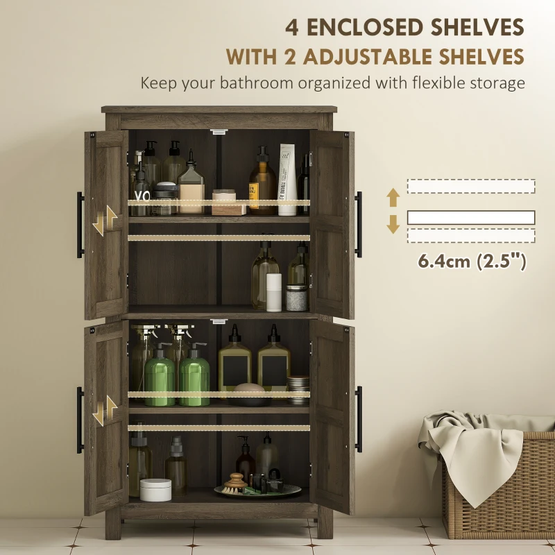 HOMCOM Bathroom Floor Storage Cabinet, Farmhouse Bathroom Cabinet with 4 Doors and Adjustable Shelf, Brown