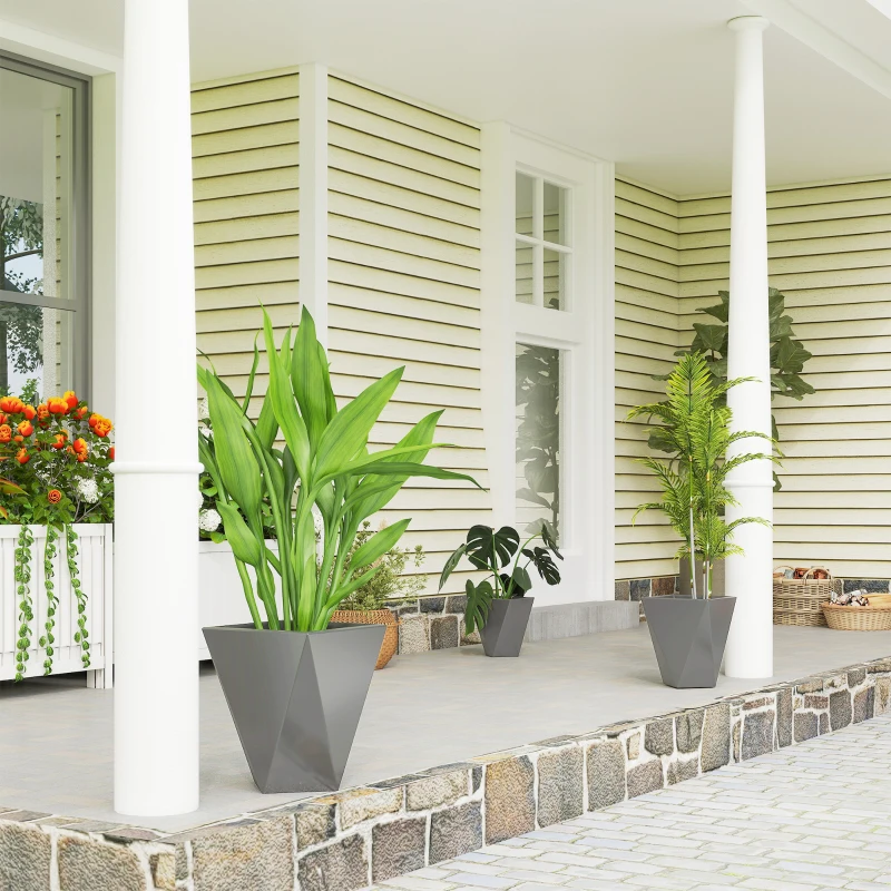 Outsunny Indoor Outdoor Planters Set of 3 MgO Tall Planters Stackable Flower Pots with Drainage Holes for Garden, Balcony, Gray